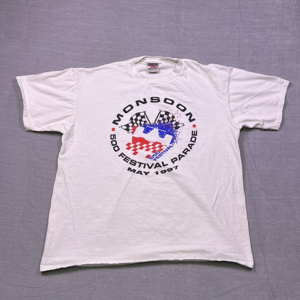 Oneita‎ Mens White Monsoon Audio 500 Festival Parade 1997 Volunteer T-Shirt XL